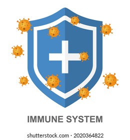 Immune system vector icon logo. Protection against bacteria health viruses. Medical prevention of human germs.Red shield with a white cross and a virus on a white background. Vector illustration
