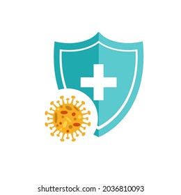 Immune system vector icon logo. Virus protection. Medical prevention of human germs. Blue shield with a white cross and a virus in a white circle on the shield. Vector illustration