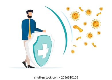 Immune system vector icon logo. Protection against bacteria health viruses. Medical prevention of human germs. A healthy man stand behind a shield and repel an attack of bacteria by the shield. Enhanc