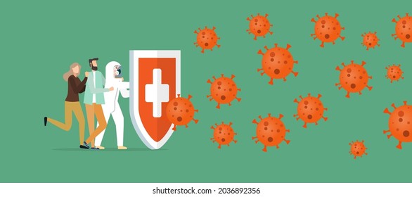Logo del icono del vector del sistema inmunitario. Protección contra los virus bacterianos. Prevención médica de gérmenes humanos. Hombres y mujeres sanos se paran detrás de un escudo y repelen un ataque a bacterias