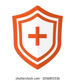 Immune system vector icon logo. Protection against bacteria health viruses. Medical prevention of human germs.Red shield with a white cross and a virus on a white background. Vector illustration