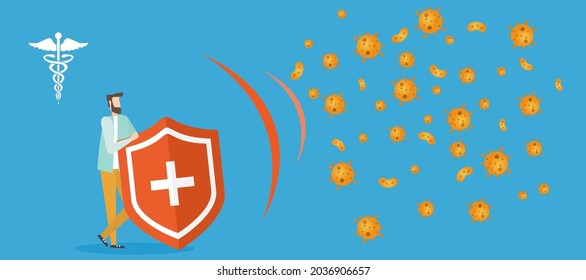 Immune system vector icon logo. Protection against bacteria health viruses. Medical prevention of human germs. A healthy mans and womans stand behind a shield and repel an attack of bacteria