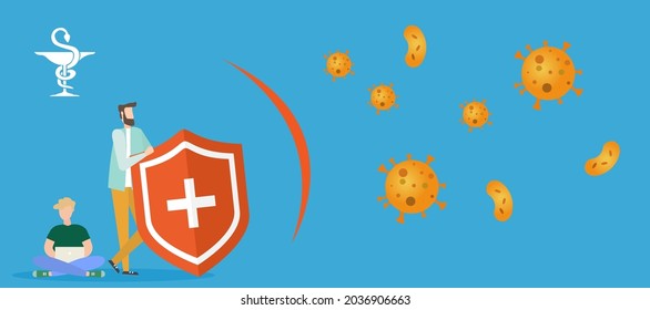 Immune system vector icon logo. Protection against bacteria health viruses. Medical prevention of human germs. A healthy mans and womans stand behind a shield and repel an attack of bacteria