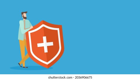 Immune system vector icon logo. Protection against bacteria health viruses. Medical prevention of human germs. A healthy mans and womans stand behind a shield and repel an attack of bacteria