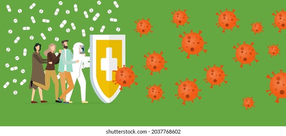 Immune system vector icon logo. Protection against bacteria health viruses. Medical prevention of human germs. A healthy mans and womans stand behind a shield and repel an attack of bacteria