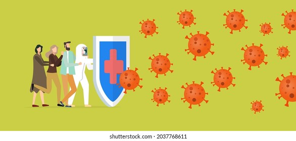 Logo del icono del vector del sistema inmunitario. Protección contra los virus bacterianos. Prevención médica de gérmenes humanos. Hombres y mujeres sanos se paran detrás de un escudo y repelen un ataque a bacterias