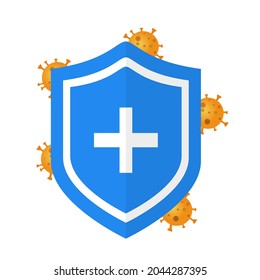 Immune system vector icon logo. Protection against bacteria health viruses. Medical prevention of human germs.Red shield with a white cross and a virus on a white background. Vector illustration