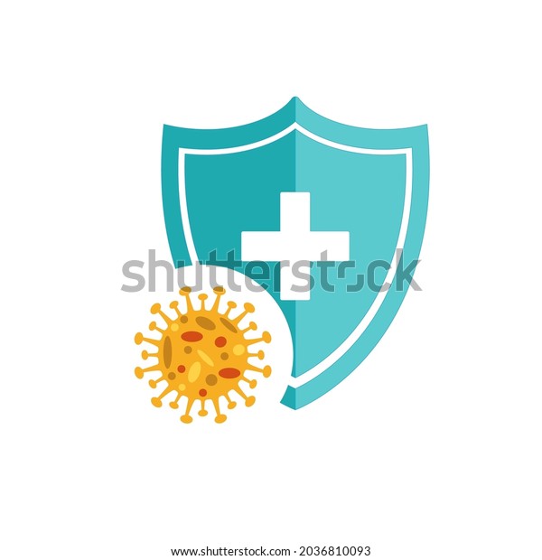 Immune system\
vector icon logo. Virus protection. Medical prevention of human\
germs. Blue shield with a white cross and a virus in a white circle\
on the shield. Vector\
illustration