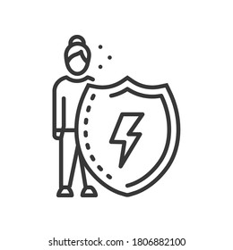 Immune system- vector line design single isolated icon on white background. High quality black pictogram. Image of a woman, patient standing behind a shield. Healthcare and medicine, treatment idea