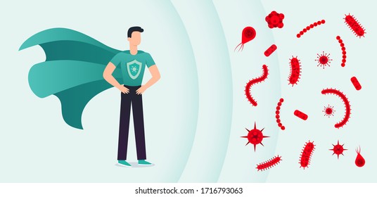 Immune system vector protection. Health bacteria virus protection. Medical prevention human germ. Healthy man reflect bacteria attack. Boost Immunity with medicine concept illustration