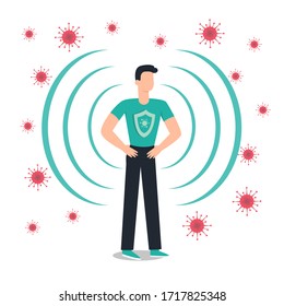 Immune system vector protection. Health bacteria virus protection. Medical prevention human germ. Healthy man reflect bacteria attack. Boost Immunity with medicine concept illustration
