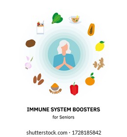 Immune system vector protection. Health bacteria virus protection. Medical prevention human boosters. Healthy senior lady reflect bacteria attack. Boost Immunity with medicine concept illustration.