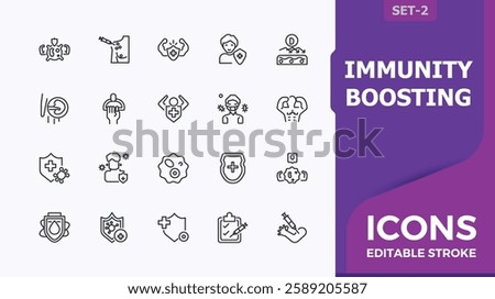 Immunity Boosting icon collection. Featuring injection, vaccination, protection, immunization, defense, child and more. Thin linear style icons. Collection of simple line web icons.