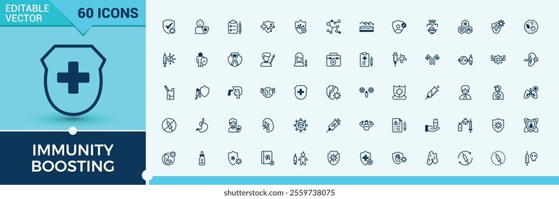 Immunity Boosting linear icon collection. Includes thin line care, injection, virus, healthcare, vaccination and more. Pixel perfect. Solid line editable stroke.