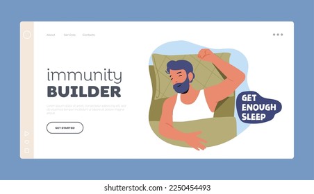 Vorlage für die Landing Page von Immunity Builder. Erhalten Sie genug Schlafberatung für Immunität Boost, gesunden Lifestyle und Wellness mit entspanntem männlichen Charakter Schlafen im Bett. Vektorgrafik von Cartoon People