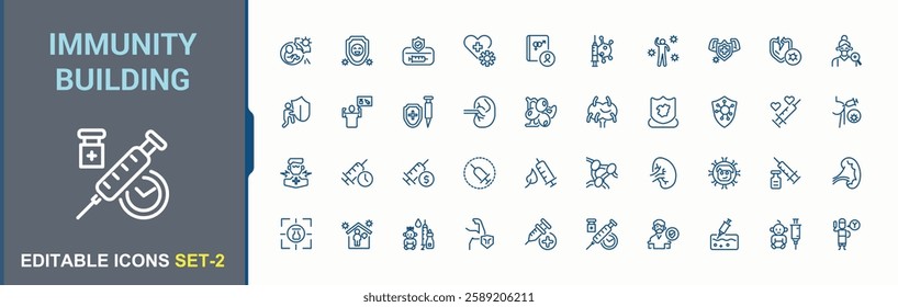 Immunity Building modern icons set. It contains symbols to immune, eat, health, corona, epidemic and more. Expanded stroke. Vector illustration.