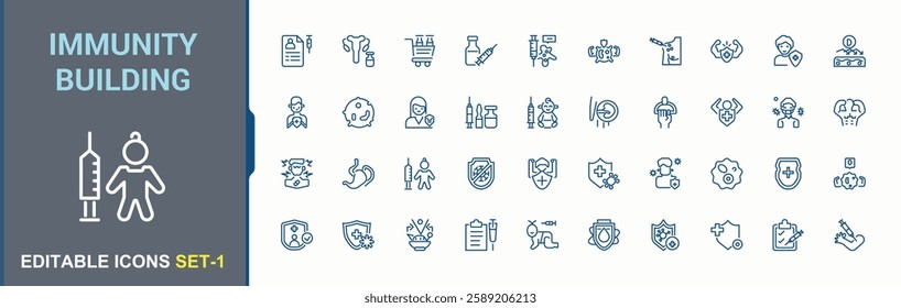 Immunity Building modern icons set. It contains symbols to immune, eat, health, corona, epidemic and more. Expanded stroke. Vector illustration.