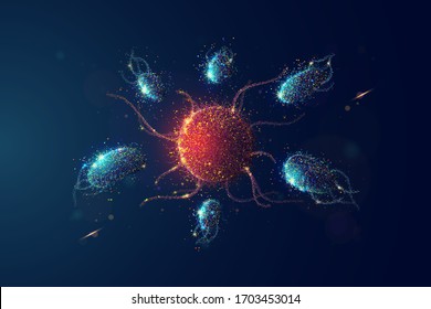 Immunity cells fight virus vector illustration in modern neon dotwork style Human immunity versus pandemic illness graphic design concept blue and red particles Infection molecule attacked by immunity