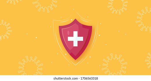 Immunity concept. Medical shield with viruses around it. Horizontal vector illustration on a yellow background in cartoon style.