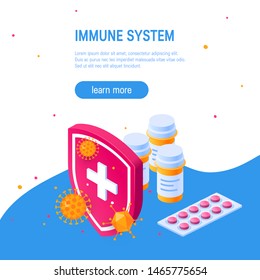 Immunity concept. Medicine behind a shield that has been attacked by bacteria or viruses. Vector illustration in isometric view