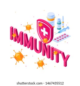 Immunity concept. Medicine behind a shield that has been attacked by bacteria or viruses. Vector illustration in isometric view