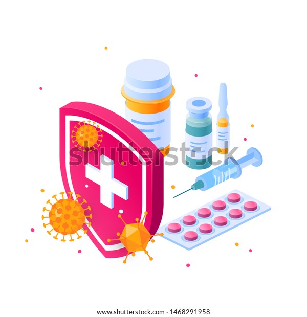 Immunity concept. Medicine behind a shield that has\
been attacked by bacteria or viruses. Vector illustration in\
isometric view