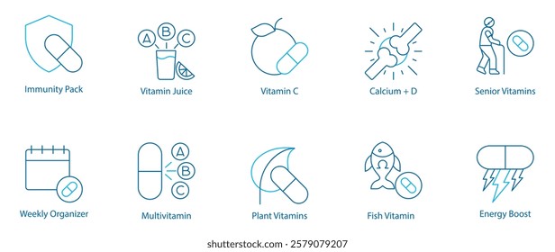 Immunity and Daily Nutrition Vector Icon Set – Immunity Pack, Weekly Organizer, Vitamin Juice, Multivitamin, Vitamin C, Plant-Based Supplements, Calcium plus D, Fish Vitamin, Senior Nutrition 