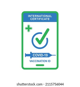 Digitales Dokument der Immunität aus Coronavirus. Impfpass Symbol. Internationales Impfzertifikat gegen Covid-19 mit Prüfzeichen. Symbol der Spritze, Vektorgrafik