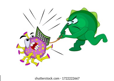 Immunity fights the virus isolated on white background. Coronavirus. Cartoon character good bacteria fight against outbreak viruses. Power of immune boosting concept to fight disease. Stock vector