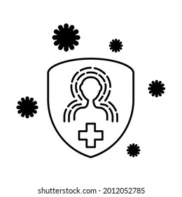 Immunity flat line icons set. Antibacterial protection or immune system. Healthy man reflect bacteria attack with shield. Simple flat vector illustration for store, web site or mobile app.