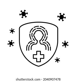 Immunity flat line icons set. Antibacterial protection or immune system. Healthy man reflect bacteria attack with shield. Simple flat vector illustration for store, web site or mobile app.