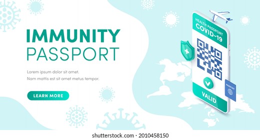 Immunity Health Passport Valid QR code on smartphone screen vector isometric banner concept. 3D Electronic Covid-19 Vaccination immune certificate for safe travel on mobile phone. Coronavirus pass app