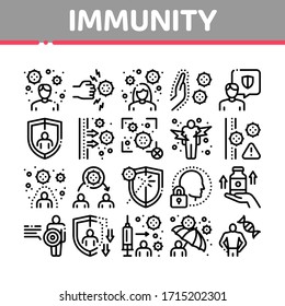 Immunity Human Biological Defense Icons Set Vector. Protective Bacterias, Syringe And Shield, Vitamin And Healthcare Pills For Immunity Concept Linear Pictograms. Monochrome Contour Illustrations