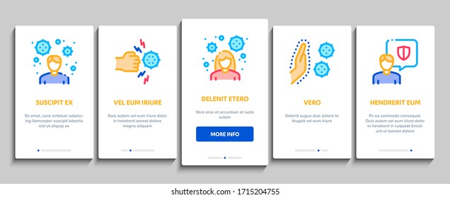 Immunity Human Biological Defense Onboarding Mobile App Page Screen Vector. Protective Bacterias, Syringe And Shield, Vitamin And Healthcare Pills For Immunity Color Contour Illustrations
