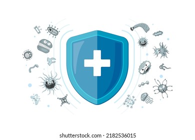 Immunity hygienic medical prevention blue hygienic shield protecting from virus germs and bacteria. Immune system banner design concept. Microbiology and medicine vector eps illustration