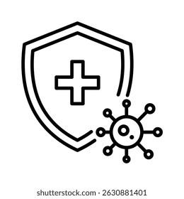 Immunity icon featuring a shield and virus, representing protection against infections and immune defense. Symbolizes health, disease prevention, immune system strength, and medical safety