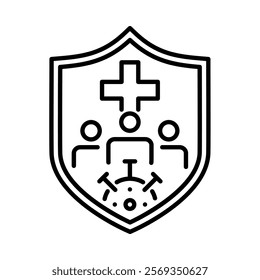 Immunity icon. Human with virus placed in the middle of protection shield.
 Simple outline style. Vector. Isolate on white background.