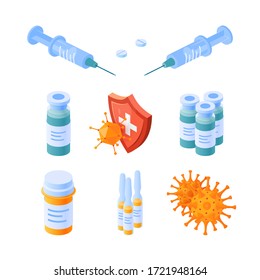 Immunity icons isometric set. Medical immunization items. Vector illustration isolated on a white background for designs, infographics, posters.