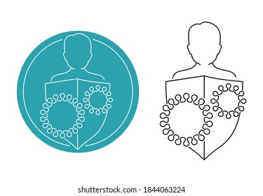 Immunity (immune system) icon in thin line - human silhouette protected by shield from microbes virus danger - isolated vector pictogram