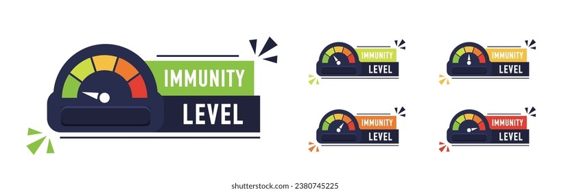 Immunity level measuring device icon set. Color scale with arrow from red to green. Sign tachometer, speedometer, indicators. Colorful infographic gauge element. Vector illustration