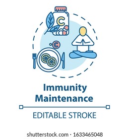 Immunity maintenance concept icon. Food with vitamin C. Supplement capsules. Strong health. Influenza prevention idea thin line illustration. Vector isolated outline RGB color drawing. Editable stroke