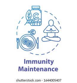 Immunity maintenance concept icon. Health defense. Food with vitamin C. Supplement capsules. Strong health. Influenza prevention idea thin line illustration. Vector isolated outline RGB color drawing