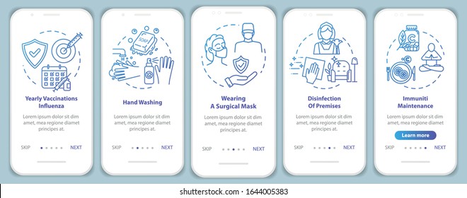 Immunity maintenance onboarding mobile app page screen with concepts. Flu protection. Injection shot. Medicine walkthrough 5 steps graphic instructions. UI vector template with RGB color illustrations