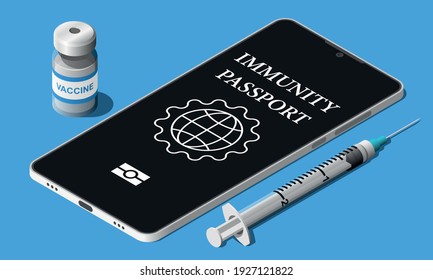 Immunity mobile passport, medical syringe with needle and vial isometric vector illustration.