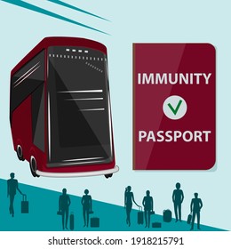 Immunity passport, bus, passengers - vector. Travel for new requirements. Prevention of Covid-19. Health care concept.