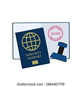 Immunitätspass, flache Vektorgrafik. Reisen Sie während der Pandemie und New Normal Konzept. Dokument zur Bestätigung der Immunität gegen COVID-19.