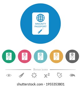 Immunity passport flat white icons on round color backgrounds. 6 bonus icons included.