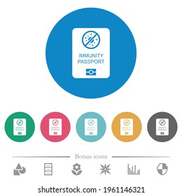Inmunidad de pasaportes con iconos blancos planos sobre fondo de color redondo. 6 iconos de bonificación incluidos.