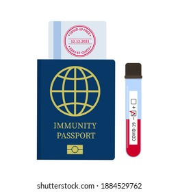 Immunidad de Pasaporte y prueba negativa de la ilustración de un vector plano. Viajes durante la pandemia y el concepto de nueva normalidad. Documento que confirma inmune a COVID-19.
