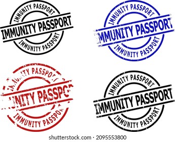 IMMUNITY PASSPORT seal versions. IMMUNITY PASSPORT text is between parallel lines inside circle frame. Rough IMMUNITY PASSPORT seal versions in red, black, blue colors, with grunge texture.